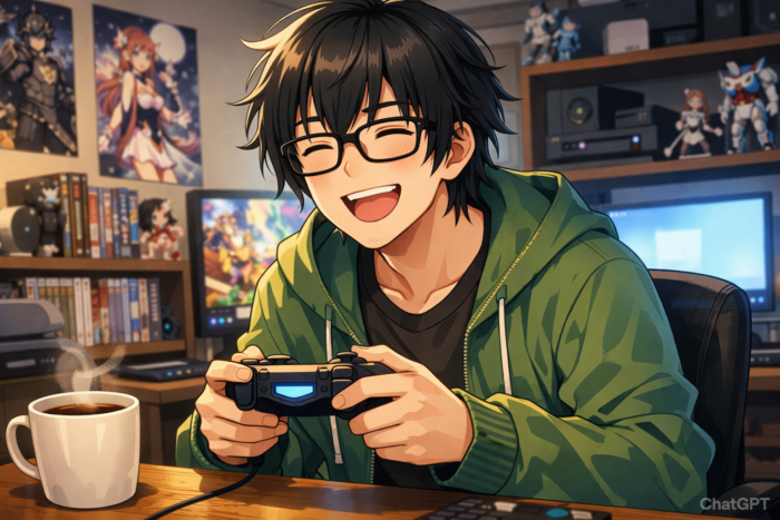 コーヒーを読みながらゲームする男性のイメージ