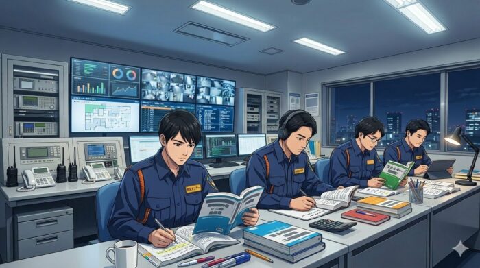 資格勉強するビルメン達のイメージ