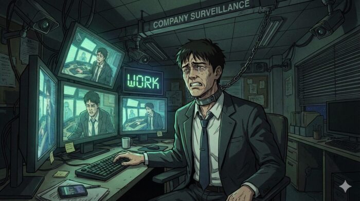 会社から首輪をつながれた男性のイメージ