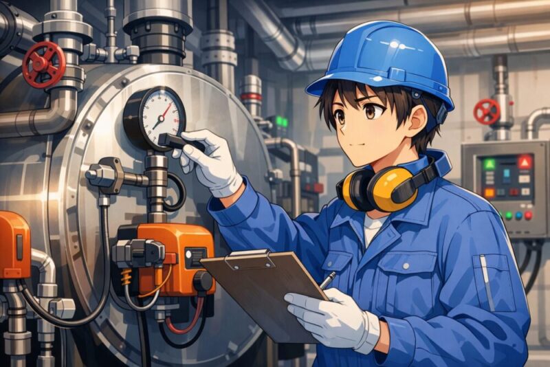 ボイラーの性能検査をする男性